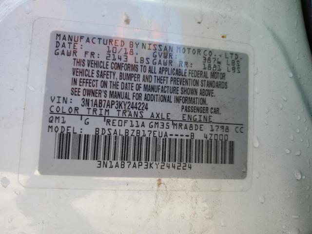 3N1AB7AP3KY244224 - 2019 NISSAN SENTRA S WHITE photo 12