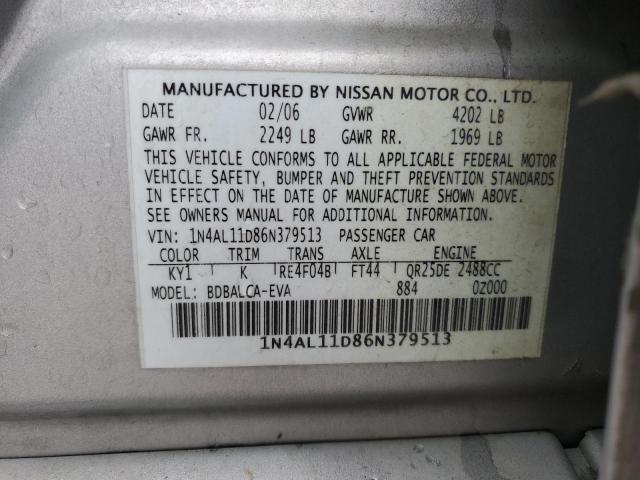 1N4AL11D86N379513 - 2006 NISSAN ALTIMA S SILVER photo 13