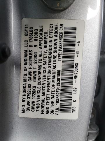 19XFB2F91CE301880 - 2012 HONDA CIVIC EXL ვერცხლისფერი ფოტო 13