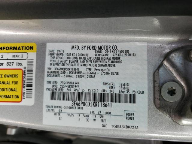 3FA6P0CD5KR118641 - 2019 FORD FUSION SEL SILVER photo 13