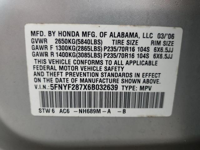 5FNYF287X6B032639 - 2006 HONDA PILOT EX GRAY photo 12