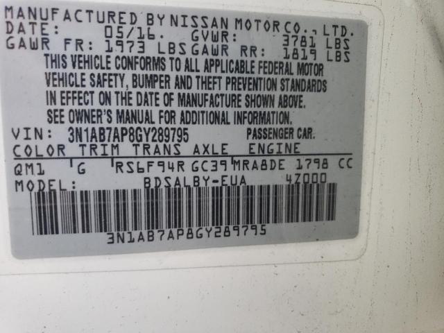 3N1AB7AP8GY289795 - 2016 NISSAN SENTRA S WHITE photo 13