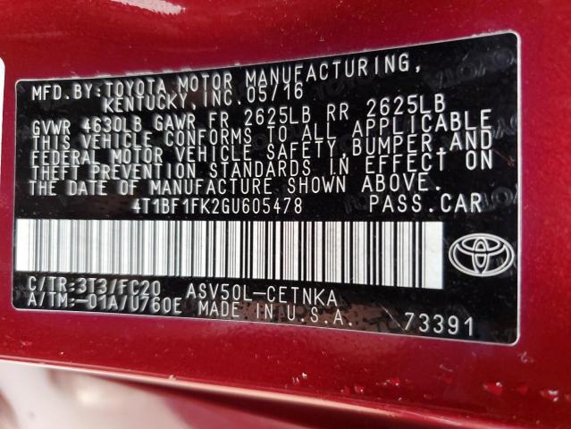 4T1BF1FK2GU605478 - 2016 TOYOTA CAMRY LE MAROON photo 13