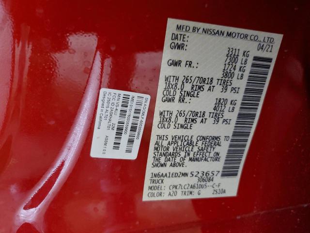 1N6AA1ED2MN523657 - 2021 NISSAN TITAN SV RED photo 13