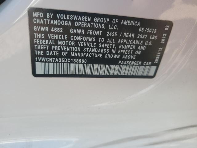 1VWCN7A35DC138960 - 2013 VOLKSWAGEN PASSAT SEL WHITE photo 12