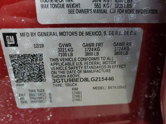 3GTU9BED8LG215446 - 2020 GMC SIERRA K1500 SLE RED photo 12