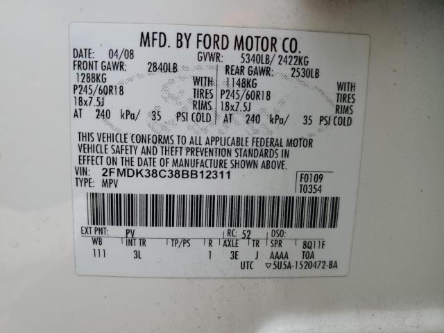 2FMDK38C38BB12311 - 2008 FORD EDGE SEL WHITE photo 12