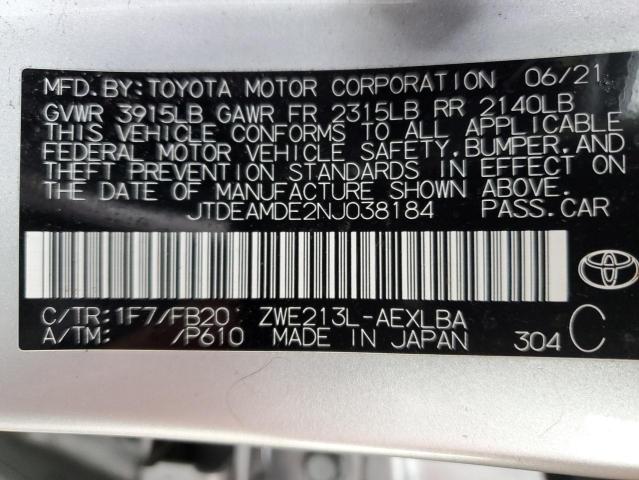 JTDEAMDE2NJ038184 - 2022 TOYOTA COROLLA LE SILVER photo 12