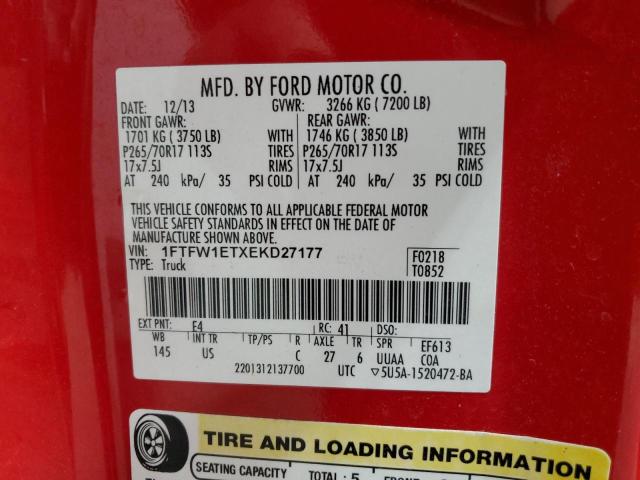 1FTFW1ETXEKD27177 - 2014 FORD F150 SUPERCREW RED photo 12