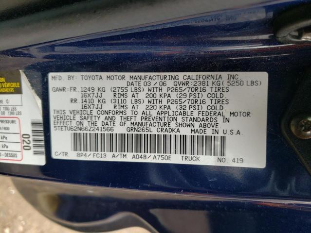 5TETU62N66Z241566 - 2006 TOYOTA TACOMA PRERUNNER ACCESS CAB BLUE photo 12