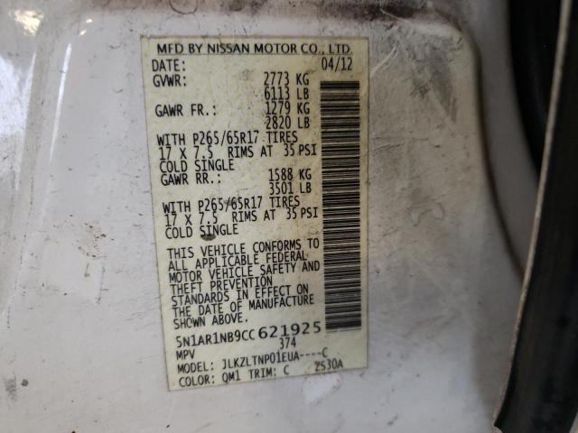 5N1AR1NB9CC621925 - 2012 NISSAN PATHFINDER S WHITE photo 12