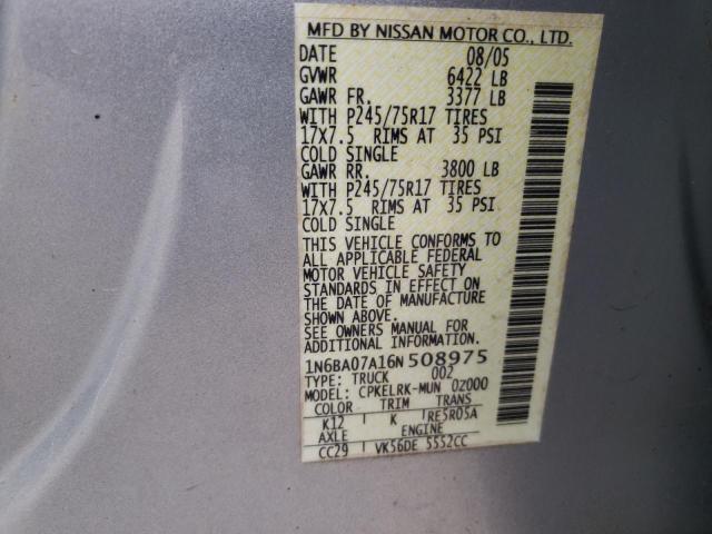 1N6BA07A16N508975 - 2006 NISSAN TITAN XE SILVER photo 12