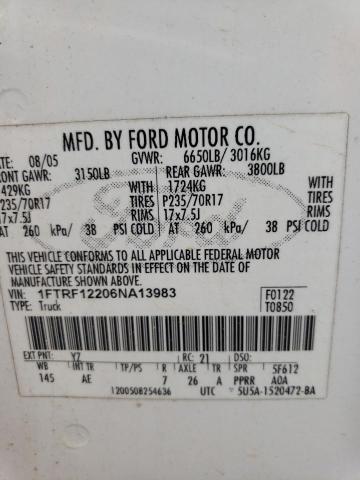 1FTRF12206NA13983 - 2006 FORD F150 WHITE photo 12