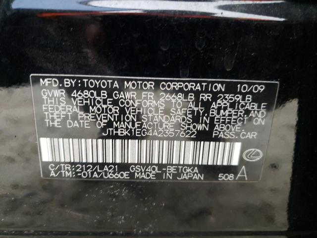 JTHBK1EG4A2357622 - 2010 LEXUS ES 350 BLACK photo 12