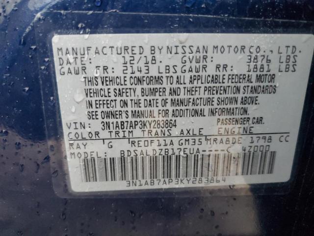 3N1AB7AP3KY283864 - 2019 NISSAN SENTRA S BLUE photo 13