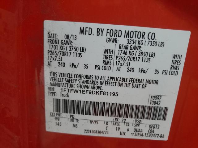 1FTFW1EF9DKF81195 - 2013 FORD F150 SUPERCREW RED photo 13