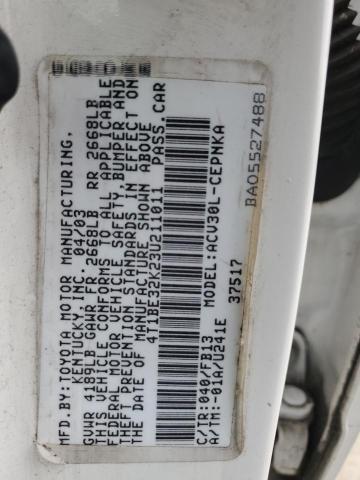 4T1BE32K23U211011 - 2003 TOYOTA CAMRY LE WHITE photo 12