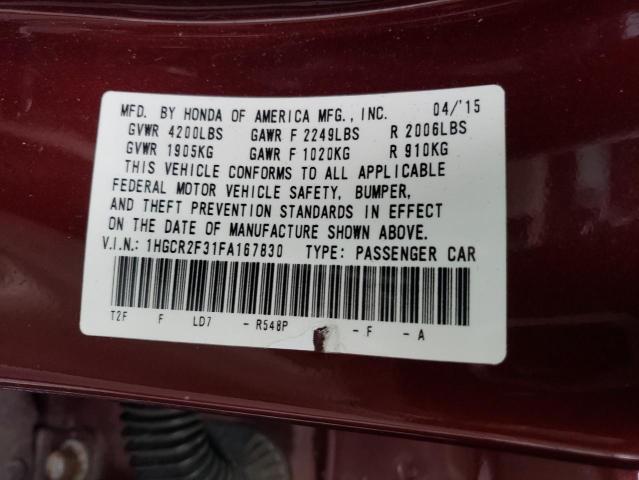 1HGCR2F31FA167830 - 2015 HONDA ACCORD LX BURGUNDY photo 12