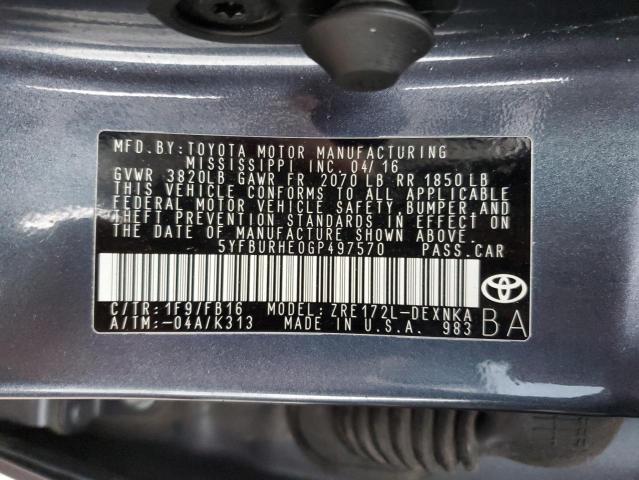 5YFBURHE0GP497570 - 2016 TOYOTA COROLLA L GRAY photo 13