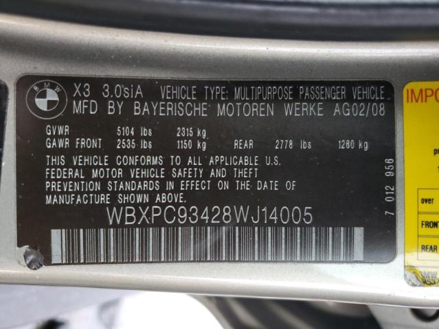 WBXPC93428WJ14005 - 2008 BMW X3 3.0SI GOLD photo 12