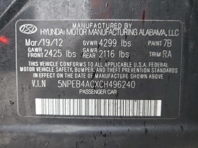 5NPEB4ACXCH496240 - 2012 HYUNDAI SONATA GLS BLACK photo 12