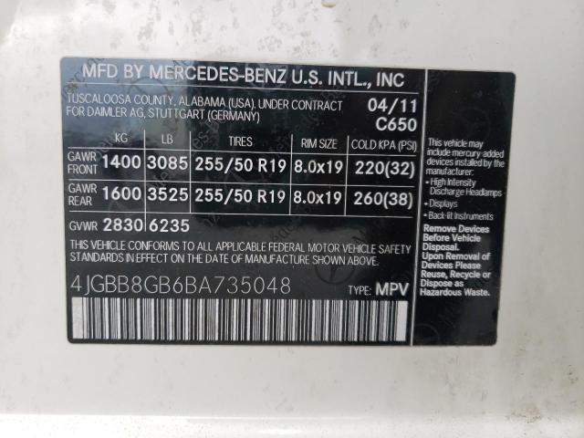 4JGBB8GB6BA735048 - 2011 MERCEDES-BENZ ML 350 4MATIC WHITE photo 10