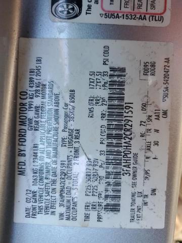 3FAHP0HA2CR291591 - 2012 FORD FUSION SE SILVER photo 12