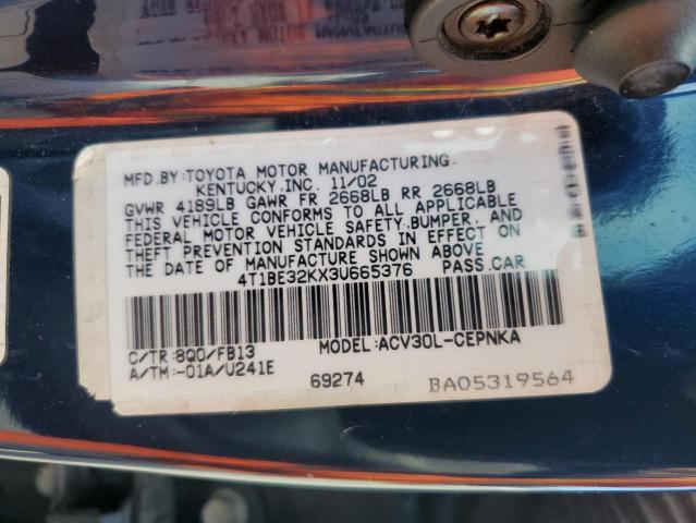 4T1BE32KX3U665376 - 2003 TOYOTA CAMRY LE BLUE photo 12