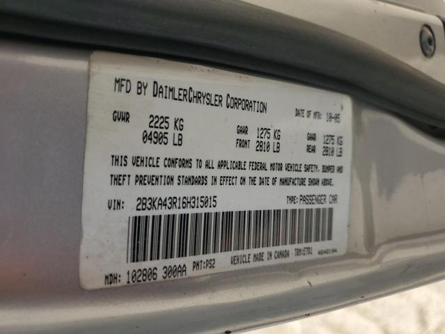 2B3KA43R16H315015 - 2006 DODGE CHARGER SE SILVER photo 12