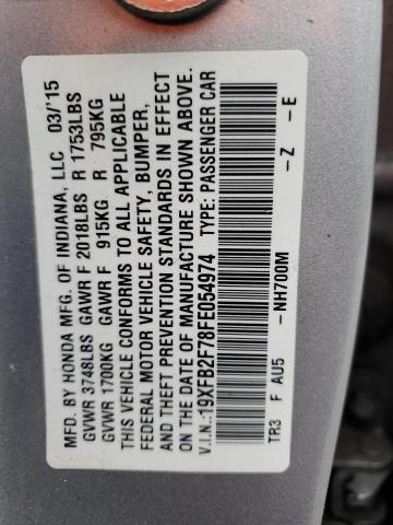 19XFB2F78FE054974 - 2015 HONDA CIVIC SE SILVER photo 12