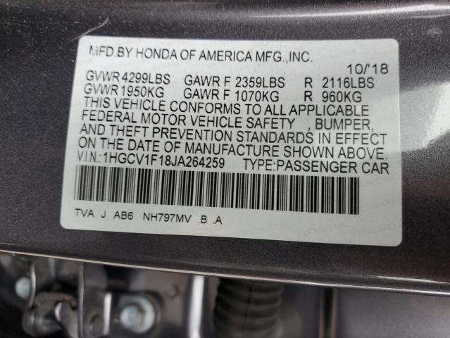 1HGCV1F18JA264259 - 2018 HONDA ACCORD LX GRAY photo 12