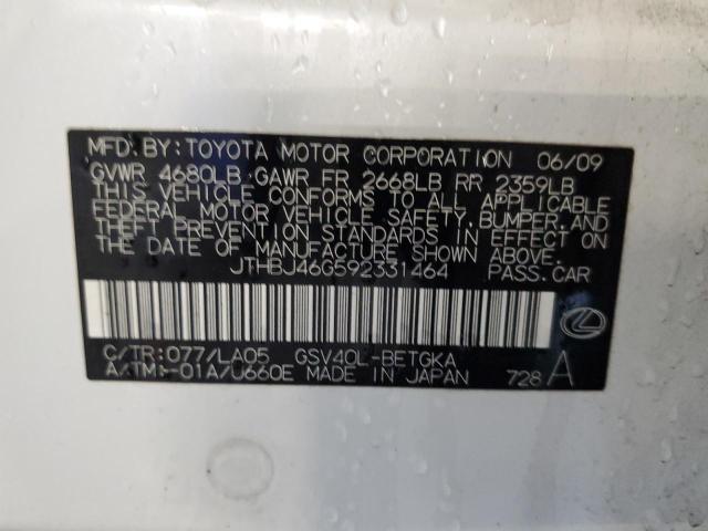 JTHBJ46G592331464 - 2009 LEXUS ES 350 WHITE photo 12