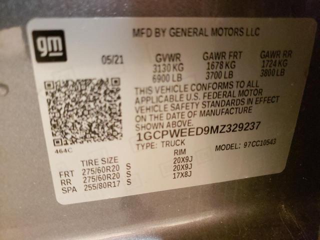 1GCPWEED9MZ329237 - 2021 CHEVROLET SILVERADO C1500 LTZ GRAY photo 12