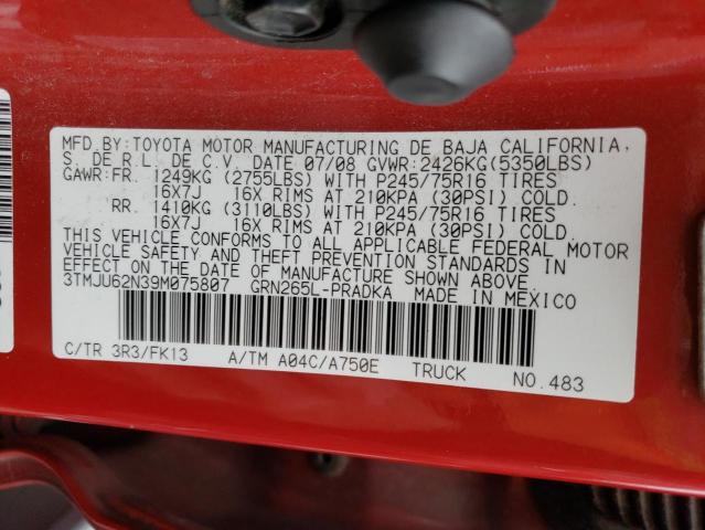 3TMJU62N39M075807 - 2009 TOYOTA TACOMA DOUBLE CAB PRERUNNER RED photo 12