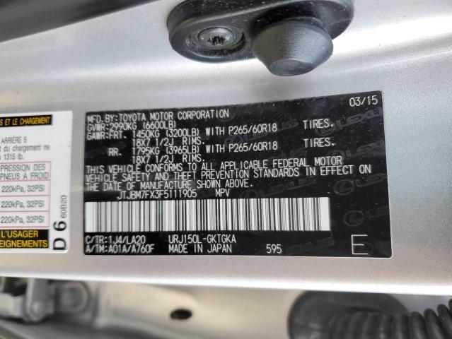 JTJBM7FX3F5111905 - 2015 LEXUS GX 460 SILVER photo 12