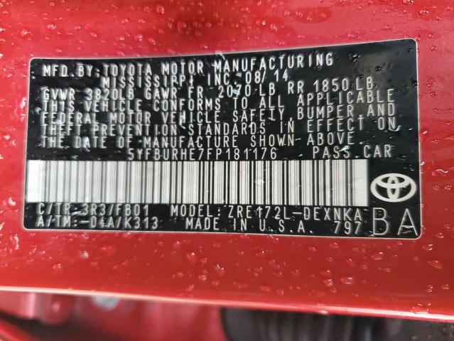 5YFBURHE7FP181176 - 2015 TOYOTA COROLLA L RED photo 12