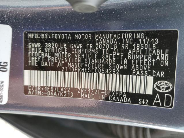 2T1BPRHE5EC059292 - 2014 TOYOTA COROLLA ECO GRAY photo 12