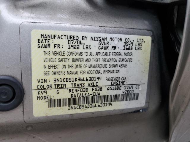 3N1CB51D36L630194 - 2006 NISSAN SENTRA 1.8 TAN photo 12