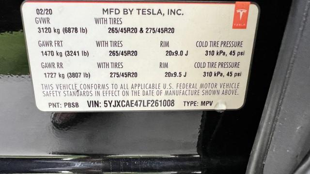 5YJXCAE47LF261008 - 2020 TESLA MODEL X BLACK photo 10