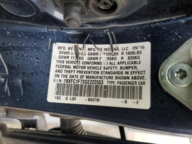 19XFC1F72GE222553 - 2016 HONDA CIVIC EXL ლურჯი ფოტო 10