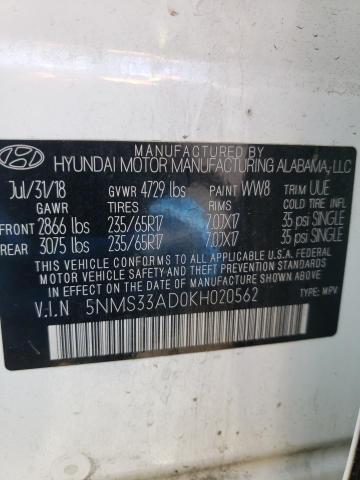5NMS33AD0KH020562 - 2019 HYUNDAI SANTA FE SEL Սպիտակ լուսանկար 14