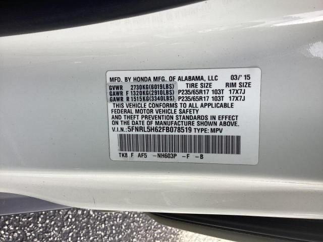 5FNRL5H62FB078519 - 2015 HONDA ODYSSEY EXL WHITE photo 10