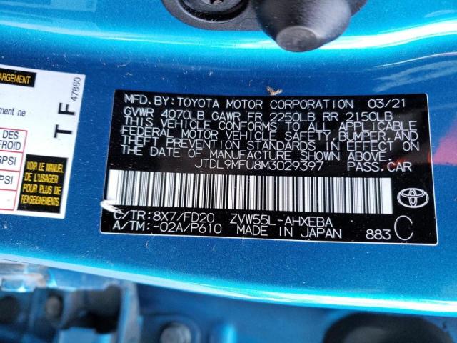 JTDL9MFU8M3029397 - 2021 TOYOTA PRIUS LE BLUE photo 12