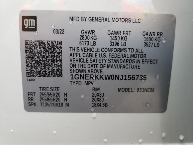 1GNERKKW0NJ156735 - 2022 CHEVROLET TRAVERSE PREMIER WHITE photo 13