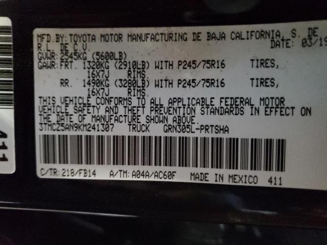 3TMCZ5AN9KM241307 - 2019 TOYOTA TACOMA DOUBLE CAB 石墨色 照片 12