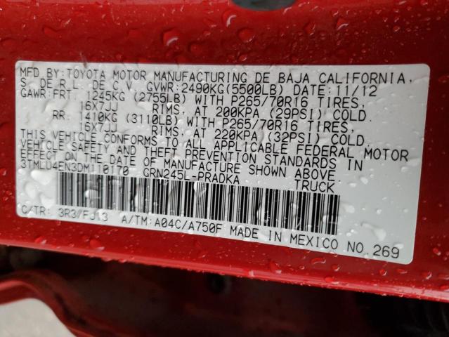 3TMLU4EN3DM110170 - 2013 TOYOTA TACOMA DOUBLE CAB 红色 照片 12