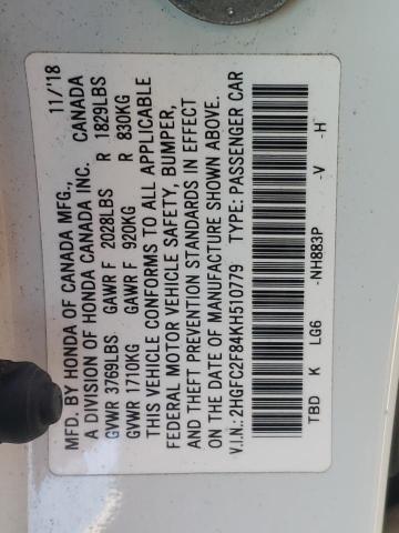 2HGFC2F84KH510779 - 2019 HONDA CIVIC SPORT 白色 照片 12