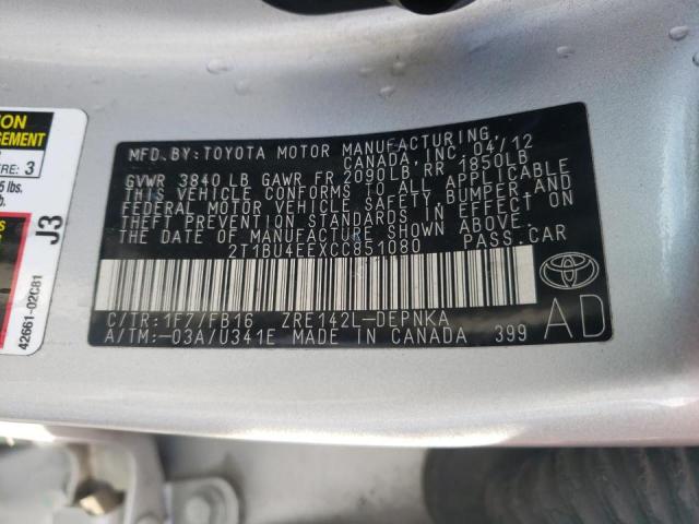 2T1BU4EEXCC851080 - 2012 TOYOTA COROLLA BASE SILVER photo 12