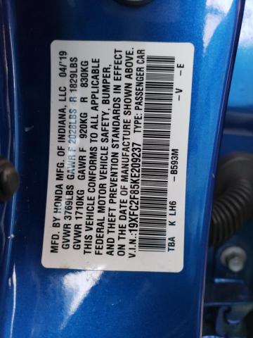 19XFC2F85KE209237 - 2019 HONDA CIVIC SPORT BLUE photo 12