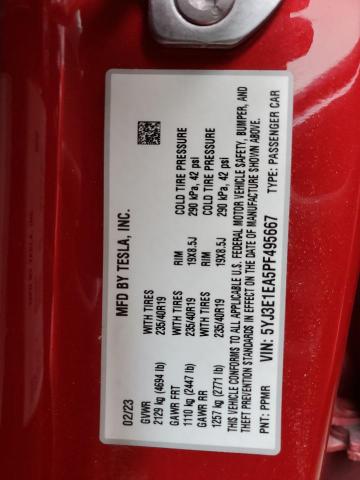 5YJ3E1EA5PF495667 - 2023 TESLA MODEL 3 RED photo 12